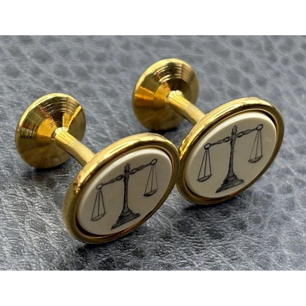 Vintage Barlow Scales of Justice Lawyer Judge Law Enamel Cufflinks Gold Tone